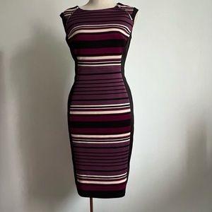 Enfocus Studio -  Burgundy,  Black & Cream Stripped Bodycon Midi Dress